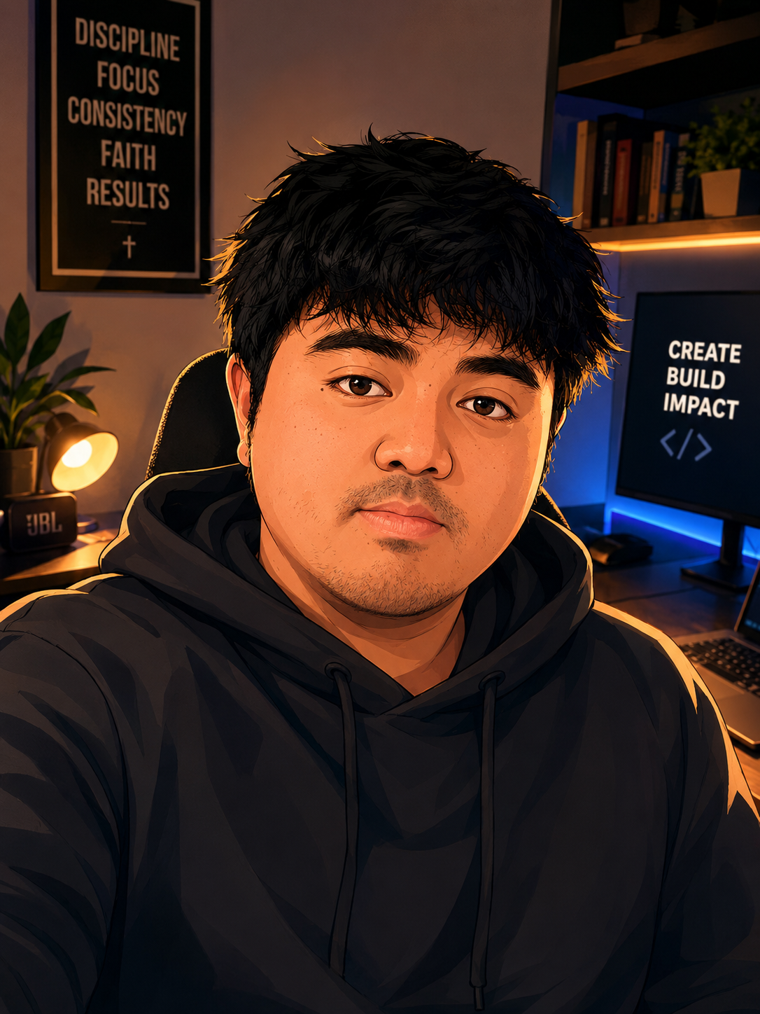 Illustrated portrait of Aries in a workspace
